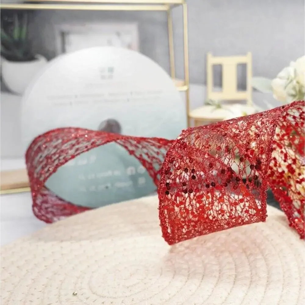 Red Glitter Mesh Wired Ribbon 2.5 inch x 20 Yds Christmas Decor Gift Wreath Bows